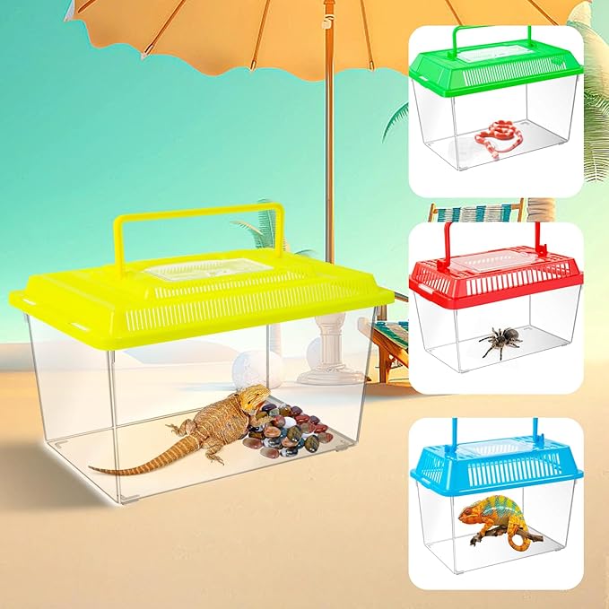 12Pcs Plastic Reptile Terrariums Carrier Cage, Tarantula Enclosure Breeding Box Hatching Container Transparent Fish Tank Turtle Aquarium with Random Color Lid for Lizards, XL(10.6" x 6.7" x 5.9")