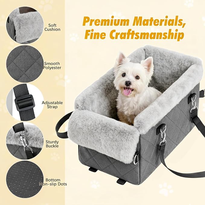 Center Console Dog Car Seat for Small Dogs&Cats Under 12 LBS | Puppy Car Seats with Non-Slip&Strong Support, Anti-Collapse Portable Pet Bed for Puppies with Soft Cushion Safety Belt, Gray
