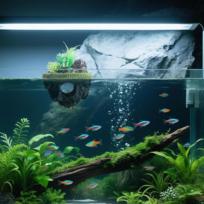 Floating Island Fish Tank Decorations – Aquarium Decor with Hideout Tunnel, Betta Fish and Shrimp Cave, PVC Aquarium Accessory with Artificial Plants