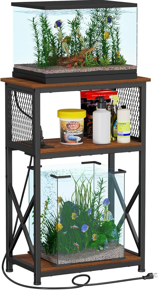 Snughome 10 Gallon Fish Tank Stand with Power Outlets, Aquarium Stand with Storage, 3 Tier Heavy Metal Reptile Tank Stand Fish Tank Shelf 20.47" x 11.42" x 30.91", Rustic Brown