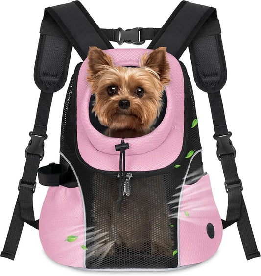 WOYYHO Pet Dog Carrier Backpack, Ventilated Mesh Small Dog Front Backpack | Breathable Puppy Back Pack, with Safety Belt, Storage Pockets, for Travel Hiking Cycling Outdoor Adventures, Pink, M
