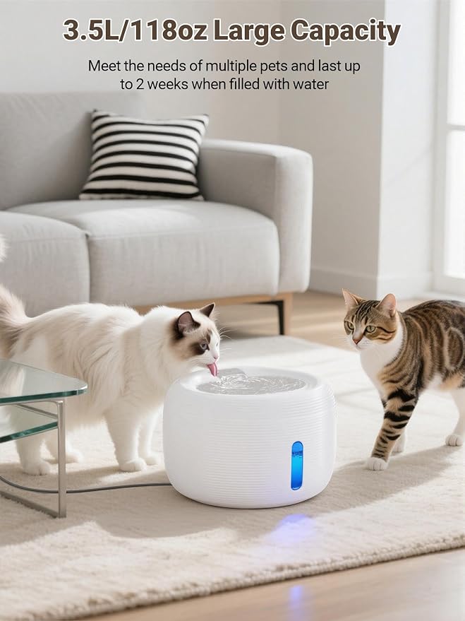 SIBAYS 3.5L Cat Water Fountain, 118oz Large Capacity Pet Water Fountain for Cats Indoor, Automatic Quiet Cat Fountains for Drinking, Dog Water Bowl Dispenser with Visible Window& LED Light(FS77,White)