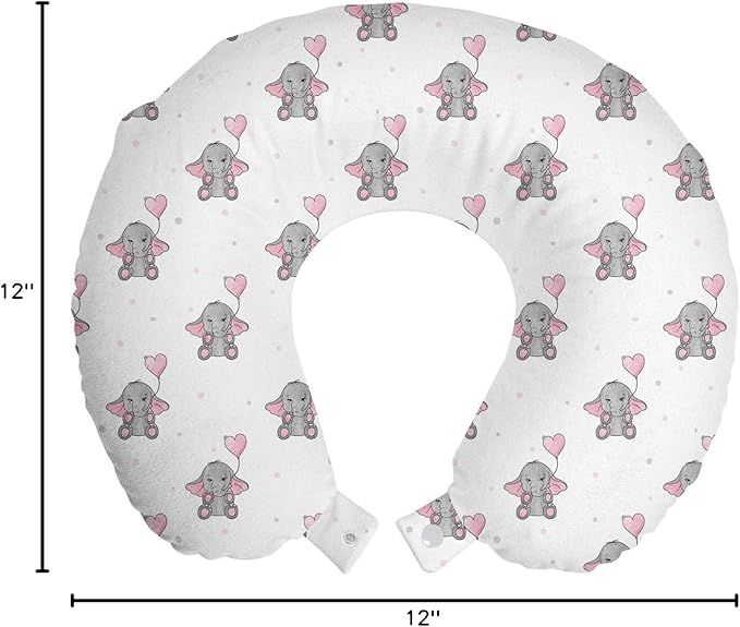 Ambesonne Animal Cartoon Travel Pillow Neck Rest, s Holding Heart Shaped Pink Balloons Girlish Design, Memory Foam Traveling Accessory for Airplane and Car, 12", Pink White
