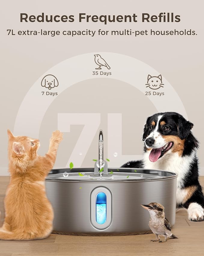 Smartoo 7L/236oz Stainless Steel Dog Water Fountain for Large Dogs | 25dB Ultra-Quiet Automatic Pet Water Dispenser with Deeper Bowl, 4-Stage Filtration,Ideal for Big Breeds,Multi-Pet Households