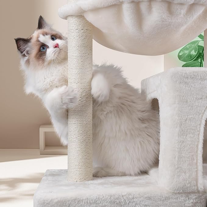 AIWIKIDE 37.4" Cat Tree Tower with Twin Cat Condos for Indoor Cats, All-in-One Activity Center with Cat Scratching Post Cozy Sleeping Perch Hammock and Toy Balls,Beige