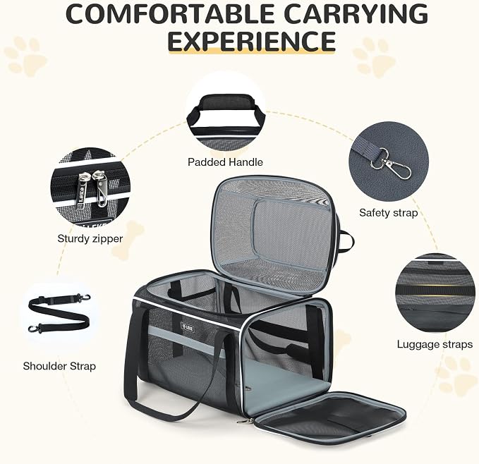 Lekereise Top-Expandable Pet Carrier Full Mesh 17x11x9.5 Inch Airline Approved Soft Sided Underseat Travel Carriers for Small Cats and Dogs with Locking Safety Zippers