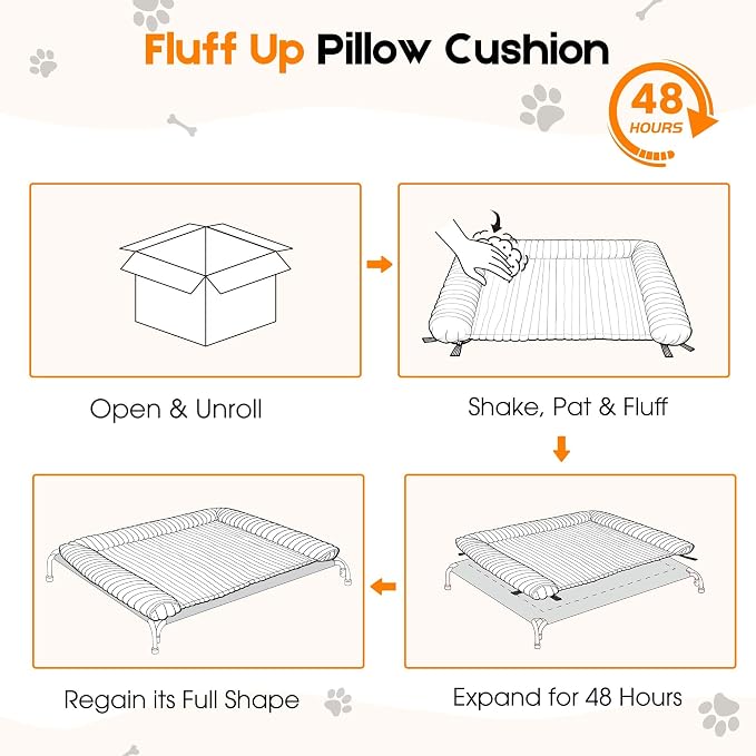Elevated Dog Bed with Removable Fluffy Pillow Cushion, Raised Pet Cot Washable Bolster, Dog Couch Sofa, Anti Slip Feet, Breathable Mesh, Cream, 49"×36"