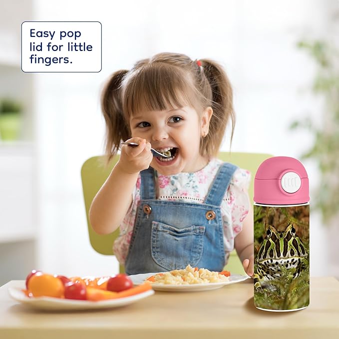 Funny Nature Enthusiast 12oz Kids Pink Bottle – Close-up of a Pacman frog with green and black patterns – School Lunch, Outdoor Adventures