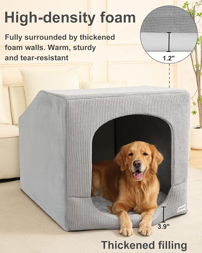 Hovicaed Indoor Dog House Extra Large Sized Dog Tent with Cave Bed 42x30ins | Enclosed Covered Dog Bed With Washable Removable Cover Pet Orthopedic Egg-Crate Foam Cushion Sturdy Frame Inside Dog House