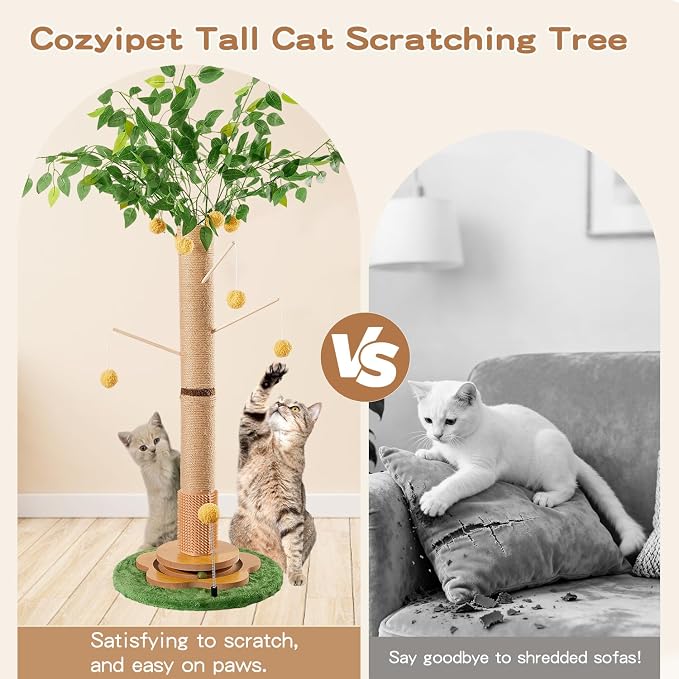 45" Tall Cat Scratching Post with Toy | Sisal Rope, Track Balls, Slef-Grooming Brush, Hanging Ball Toy