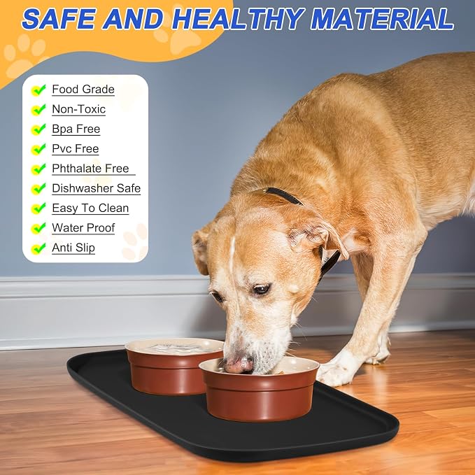 SMILOOL Waterproof Silicone Pet Food Mat with Raised Edge for Dog & Cat | 22" x 14" Non-Slip Pet Feeding Mats with Lip for Food & Water Bowl, Food Grade, Easy Cleaning, Black