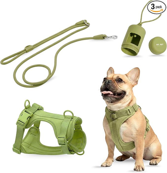 No Pull Dog Harness and Leash Set 3-in-1 Adjustable Anti Pull Dog Harness with Hands-Free Matching Leash,Poop Bag Holder,Easy Walk Dog Harness Small Sized Dog(Olive Green)