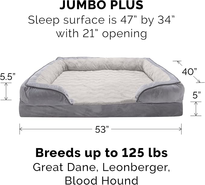 Furhaven Orthopedic Dog Bed for Large Dogs w/ Removable Bolsters & Washable Cover, For Dogs Up to 125 lbs - Plush & Velvet Waves Perfect Comfort Sofa - Granite Gray, Jumbo Plus/XXL