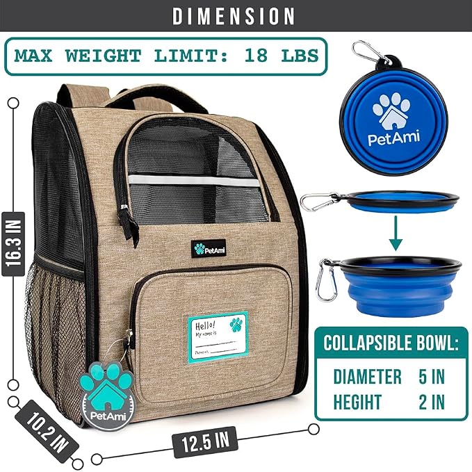 PetAmi Dog Backpack Carrier for Small Medium Dogs Large Cats up to 18 lbs, 2 Side Entry, Structured No-Collapse Frame, Airline Approved Ventilated Pet Backpack for Hiking Camping Travel Vet, Taupe