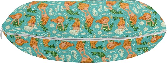 Ambesonne Underwater Travel Pillow Neck Rest, Nautical World Themed Pattern Mermaid Seahorse Fish Shells Cartoon, Memory Foam Traveling Accessory for Airplane and Car, 12", Turquoise Marigold Green