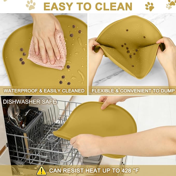 SMILOOL Waterproof Silicone Pet Food Mat with Raised Edge for Dog & Cat | 12" x 12" Non-Slip Small Pet Feeding Mats with Lip for Food & Water Bowl, Food Grade, Easy Cleaning, Honey