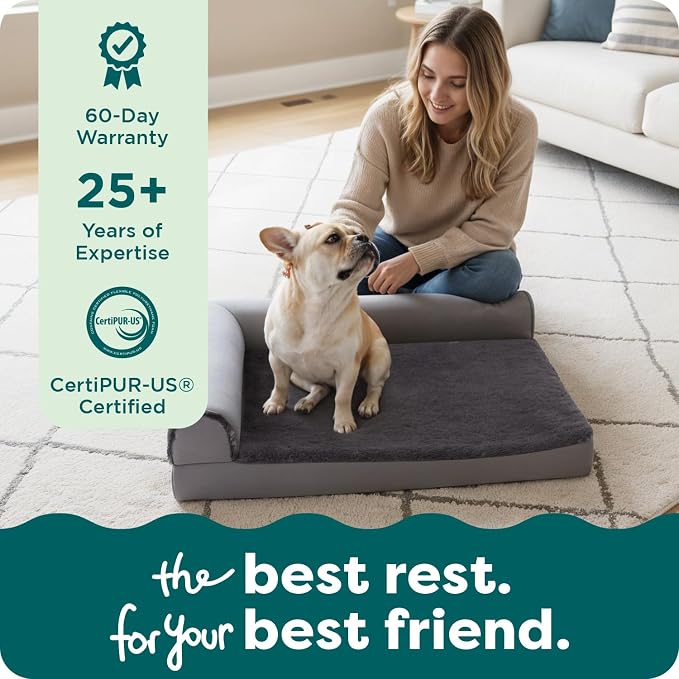 FurHaven Orthopedic Dog Bed for Medium Dogs, L-Shaped Chaise Mattress with Orthopedic Egg Crate & a Solid Orthopedic Foam Base for Joint Support, Washable Cover, Medium, Plush & Velvet, Platinum Gray
