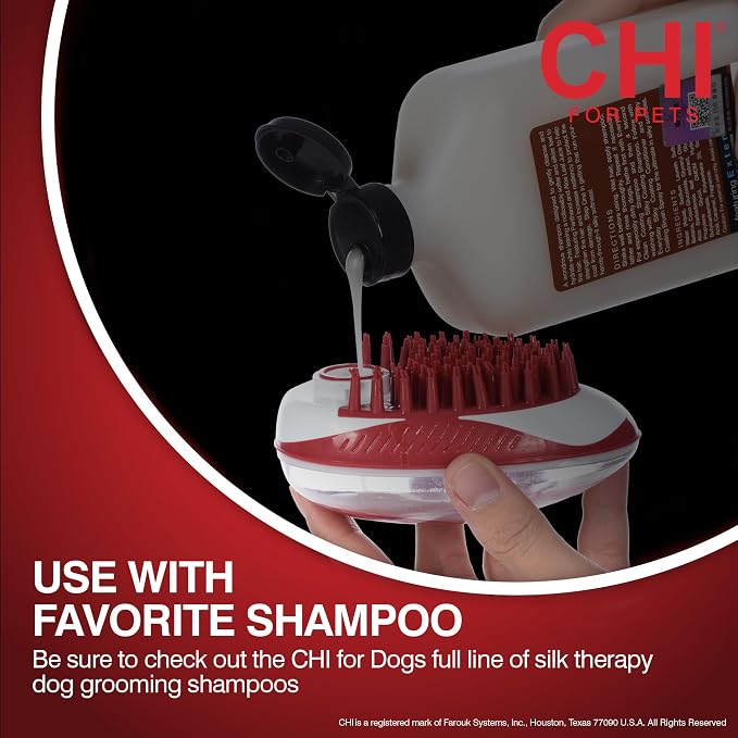 CHI for Dogs Soap Dispensing Palm Brush, Handheld Dog Bathing Scrubber with Built-In Shampoo Dispenser, Soft Rubber Bristles for Massaging and Deep Cleaning All Dog Coat Types, Red | Built-in shampoo dispenser, soft rubber bristles, massages while deep...