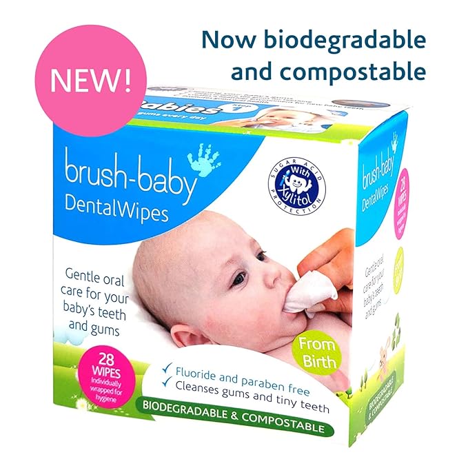 Brush Baby Teething Relief Dental Wipes for Ages 0-Toddler - Naturally Eliminate Teething Pain, Prevent Tooth Decay and Sour Milk Breath - 28 Finger Wipes (2-Pack)