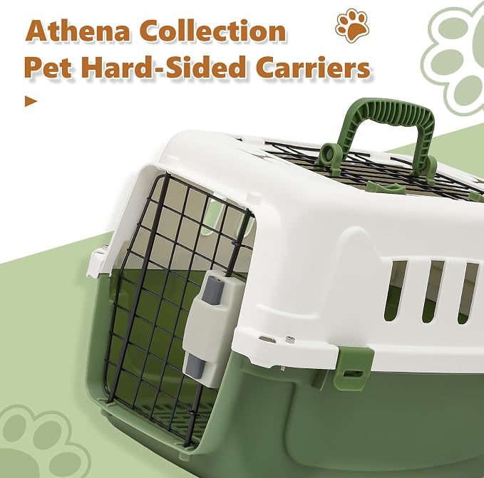 Athena Collection 18" Hard-Sided Travel Pet Carrier for Small Dogs and Cats | Plastic Dog Carriers with 2-Door Top & Front Load, Ventilation, Security Lock, Cat Dog Carrier for Pet, up to 10lbs, Green