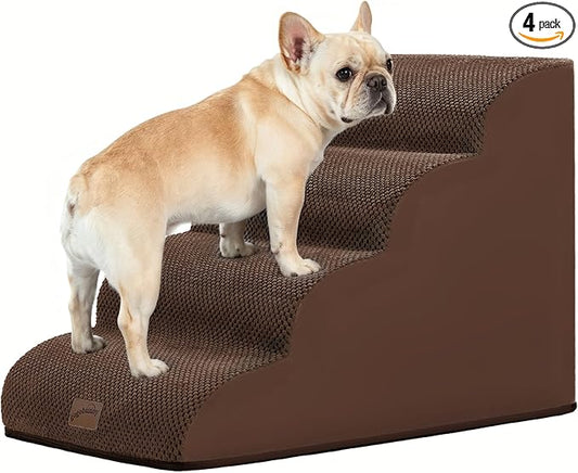 GoGoBunny Waterproof High Density Foam Curved Dog Stairs for High Beds Couches 19.7" H, 4-Step Ramp Dog Steps Friendly to Small Medium Dogs or Pets Joints, Non-Slip Balanced Durable Pet Step, Brown