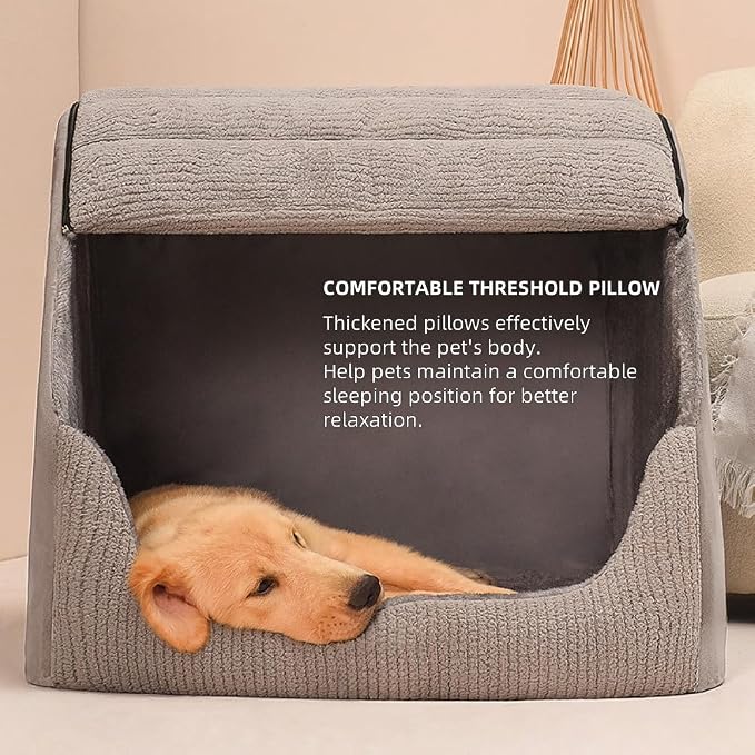 Extra Large Dog Bed House, Cozy Dog House Indoor, Memory Sponge, Plush Dog Cave Bed Crate Cushion with Non-Slip Bottom for Medium Large Dogs (Grey, XL)