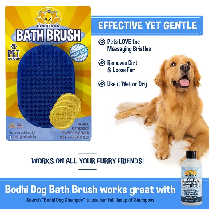 Bodhi Dog Shampoo Brush & Oatmeal Shampoo and Conditioner Bundle - Soothes and Moisturizes Dry, Itchy Skin - Bath Bundle for Shower, Showerhead, Sprayer & Bathing