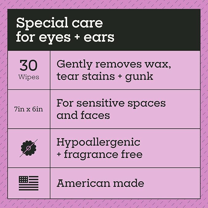 Pet Life Unlimited Dog Eye & Ear Wipes, 30 Count, Hypoallergenic, Fragrance-Free, Plant-Based Cleaning & Grooming Wipes with Aloe & Chamomile, Gently Remove Dirt & Wax, Soothes Skin (Pack of 4)