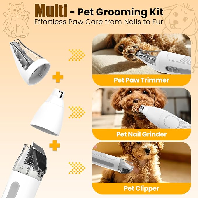 Dog Grooming Kit with Vacuum, 12000Pa Pet Electric Clipper & Nail Grinder | PG01 Plus 8-in1 Pet Grooming Kit, Low-Noise Dog Vacuum for Shedding Grooming, Pet Hair Remover Vacuum