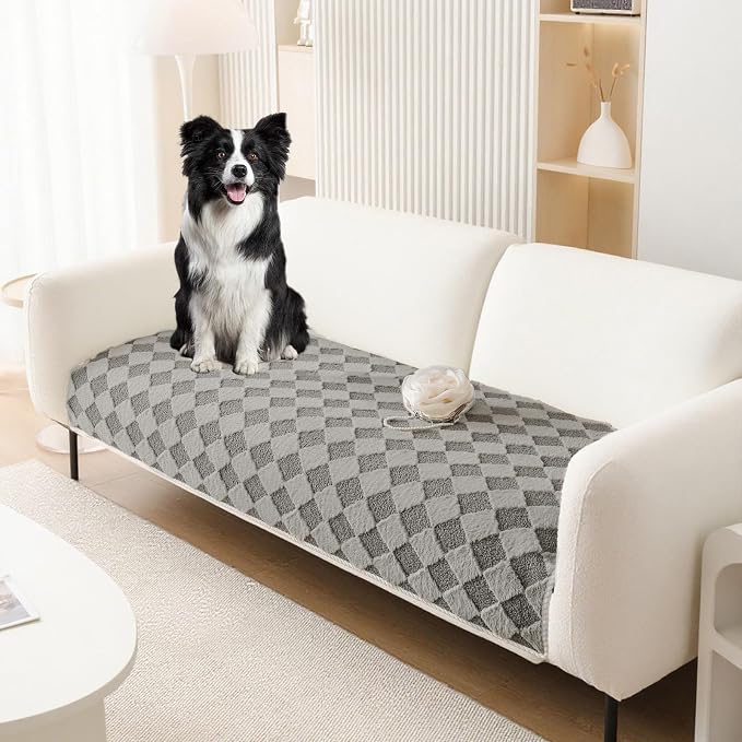 HANDONTIME Non-Slip Pet Couch Cover Washable, Plush Faux Fur Couch Protector for Cushion Pet-Friendly Sofa Covers for Dogs, Checkered Diamond Sectional Covers Dog Mat for Sofa (Grey, 35.6" x 70.9")