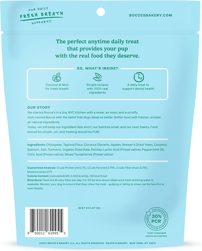 Bocce's Bakery Dailies Brushy Sticks to Support Oral Health & Fresh Breath, Wheat-Free Dental Bars for Dogs, Made with Real Ingredients, Baked in the USA, Natural Coconut & Mint Recipe, Large Dogs