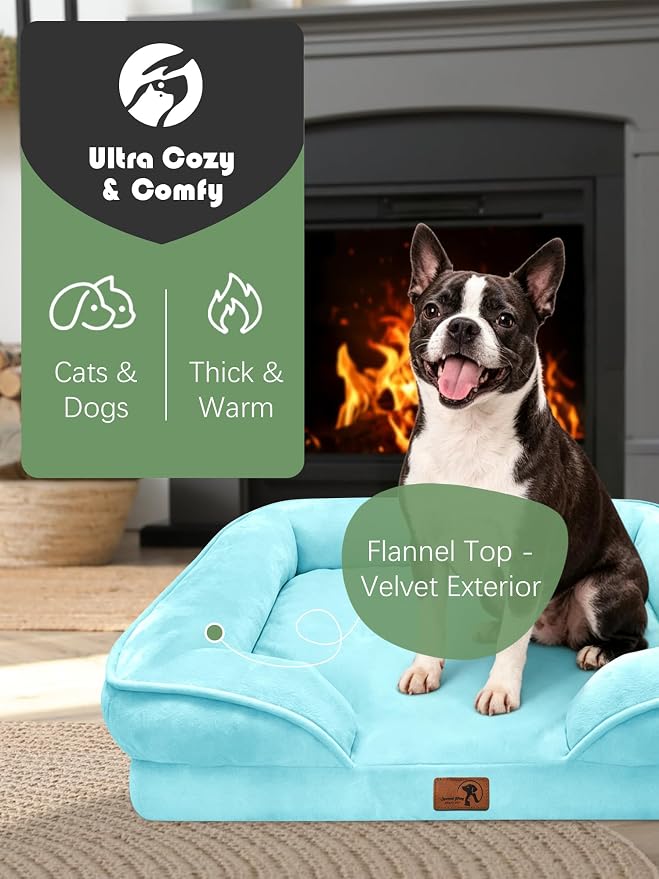 Spotted Play Orthopedic Dog Bed with Sides - Sofa Beds for Small Dogs, Supportive Foam Pet Couch Bed with Washable Removable Cover, Waterproof Lining and Non-Slip Bottom, Ice Blue - S