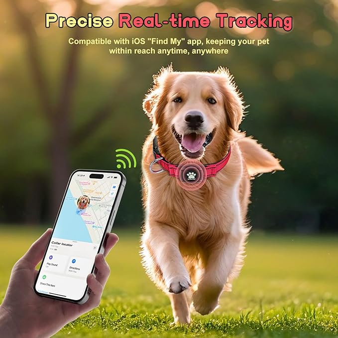 GPS Dog Collar Tracker 2-in-1,Reflective Waterproof Pet Collar,iOS-Only,No Monthly Fees,Unlimited Range,Dog Tracking Collar Pet Tracker,for Small Medium Large Dogs(M (15"-20.5"), Red)
