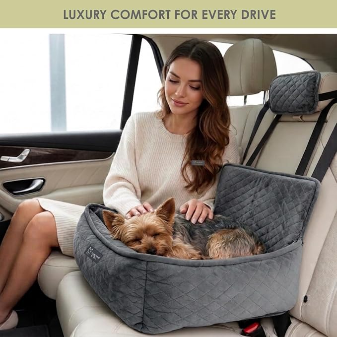 NANDOG Luxury Dog Car Seat Bed for Small Dogs, Micro Plush Pet Seat with Removable & Washable Cushion Insert, Thick Safety Seatbelt Straps, Secure Travel Carrier, Dark Grey, 20" L x 16" W