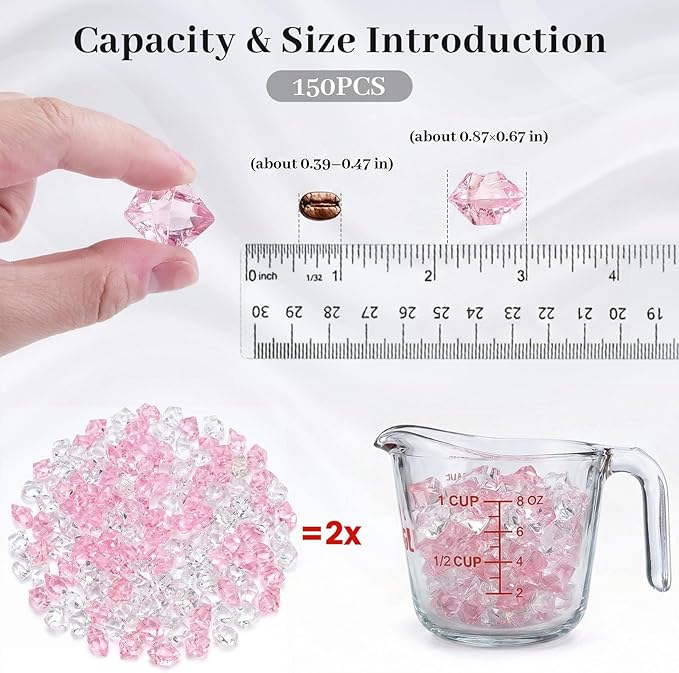 DomeStar Fake Ice, 150PCS Acrylic Fake Diamonds Vase Fillers Pink and Transparent Rocks Plastic Gems for Party Table Scatter Decor