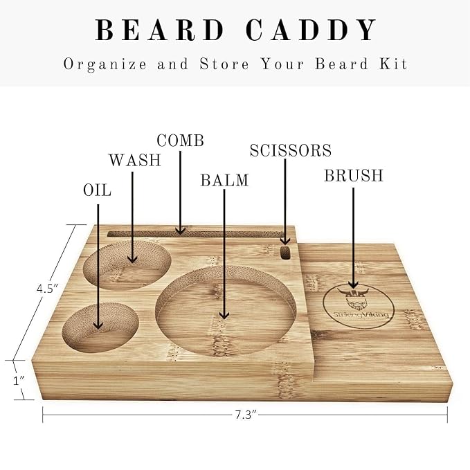 Striking Viking Beard Grooming Kit with Caddy - 7 Piece Set, Sandalwood | Softening Sandalwood Beard Oil & Balm - Brush with Mustache Comb & Scissors - Compact Caddy Organizer & Gifts for Men