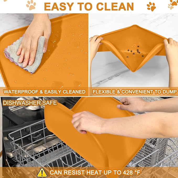 SMILOOL Waterproof Silicone Pet Food Mat with Raised Edge for Dog & Cat | 24" x 16" Non-Slip Pet Feeding Mats with Lip for Food & Water Bowl, Food Grade, Easy Cleaning, Orange