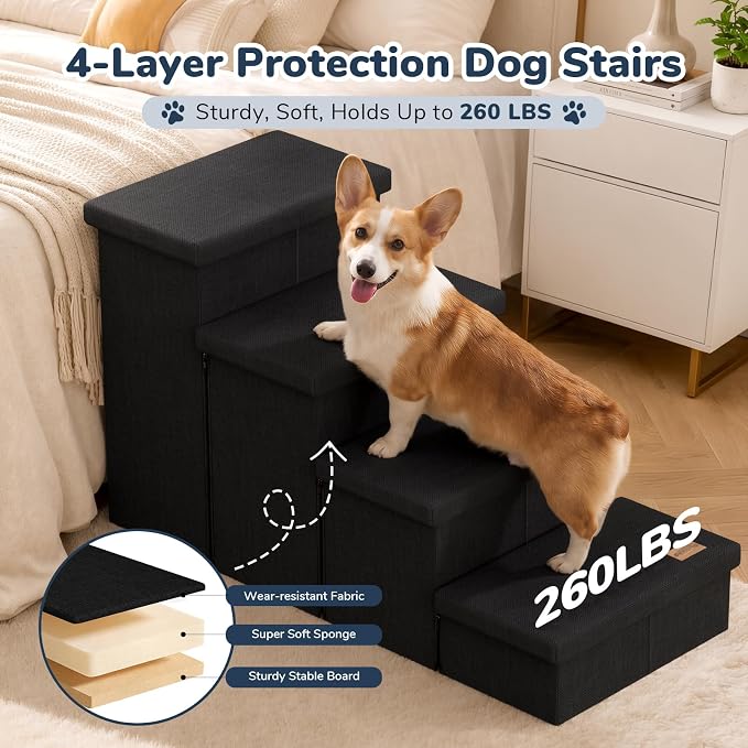 4-Step Wide Dog Stairs with Storage 23" H, Non-Slip Sturdy Pet Steps for High Bed Couch Window, Pet Stairs for Small/Medium/Large Old Dogs Cats Up to 220lbs, Cat Dog Steps for Car/SUV, Black