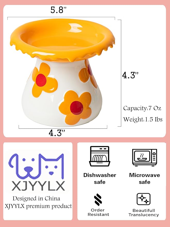 Mushroom Elevated Cat Bowls Ceramic, Cute Cat Bowls Whisker Fatigue | Raised Cat Bowl for Indoor Cats, Raised Dog Bowls Stand for Food and Water, Orange 5.8" Wide for Adult Cats