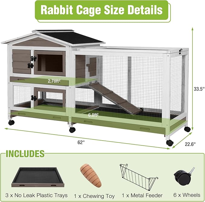 Large Rabbit Hutch Indoor Outdoor, Wooden Rabbit Cage with Wheels, 62'' Mobile Bunny Cage with Chew-Proof Ramp, Pull-Out Tray, Waterproof Roof, Guinea Pig Habitat (Brown)