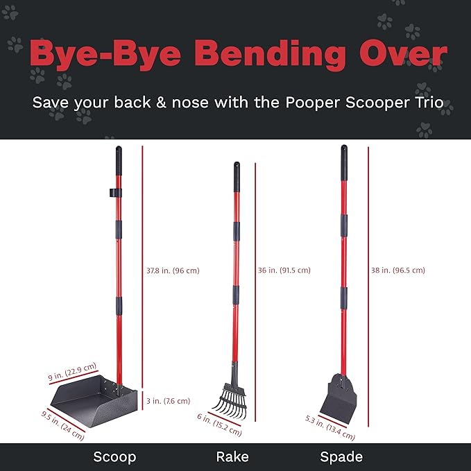 Pawler Pooper Scooper for Large Dogs, Small Dogs and Horses, Metal Poop Scooper Set with Long Handle Rake, Spade and Tray for Yard, Grass, Dirt or Gravel, Heavy Duty Aluminum Poop Picker Upper