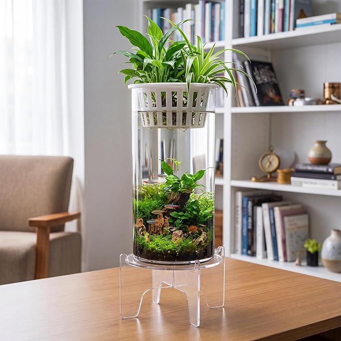 Thenshop 1.87 Gallon Plastic Aquaponic Planter and Aquarium Betta Bowl Fish Aquariums Small Fish Tank with Base and Top Promotes Healthy Hydroponic Environment for Plants (Straight Cylinder)