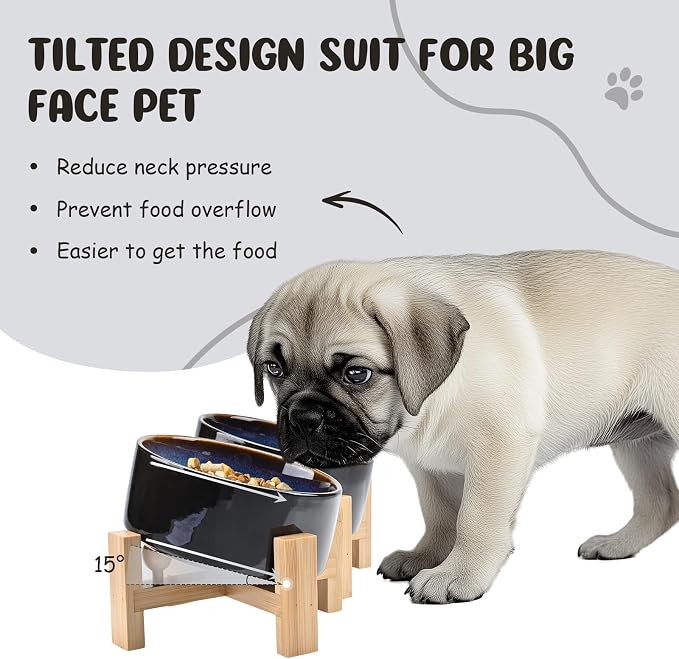 SPUNKYJUNKY 15° Slanted Ceramic Dog and Cat Bowl with Wooden Stand, Tilted Bulldog Food and Water Bowl No Slip Non-Spill for Cats Medium Dogs Big Face Pets 28.7 OZ (3.6 Cups, Starry Blue × 2)