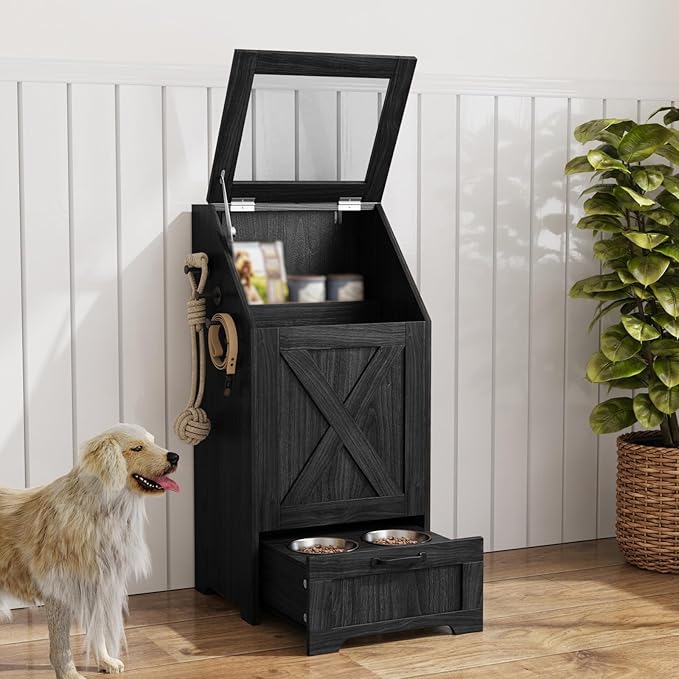 Dog Feeding Station with Storage Cabinet and 2 Elevated Dog Bowls, Hidden Pet Food Storage Organizer for Dog &Cat, Modern Dogs Furniture, Black