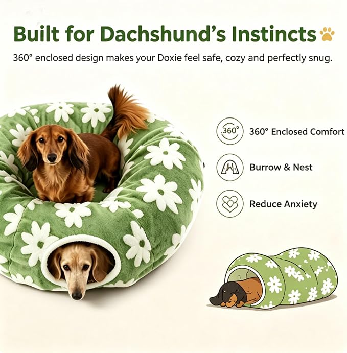2026 New Tunnel Bed for Dachshund Dog,Dachshund Tunnel Bed - Flower Design Plush Foldable Dog Bed,Cat TunnelBed for Indoor Cats Tunnel Donut with Cushion and Play Ball,2 in 1,Detachable (A)