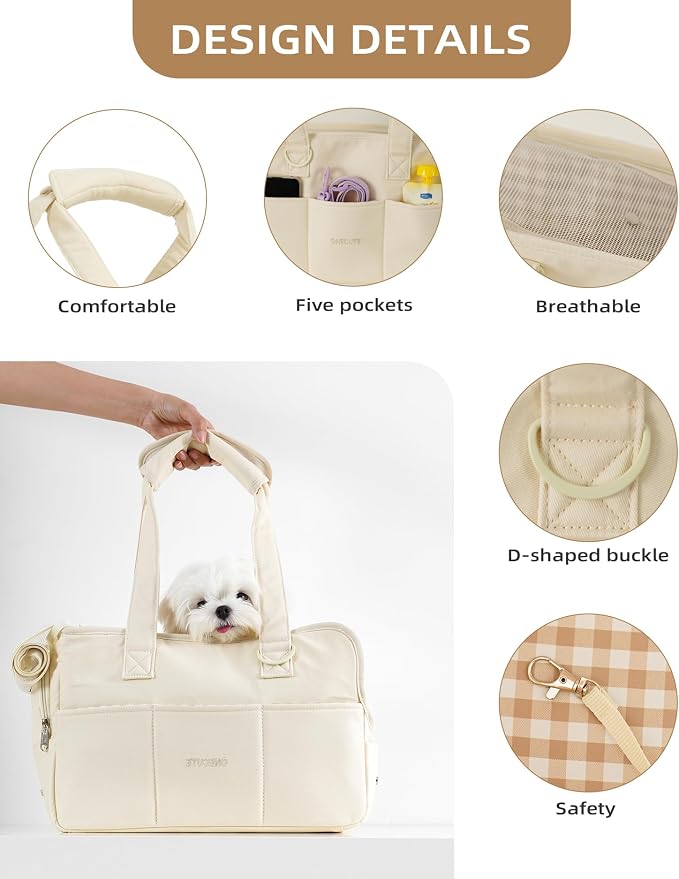 ONECUTE Dog Carrier for Small Dogs Rabbit cat with Large Pockets, Cotton Bag, Dog Carrier Soft Sided, Collapsible Travel Puppy Carrier (Beige, 17" L x 7.5" W x 12" H)