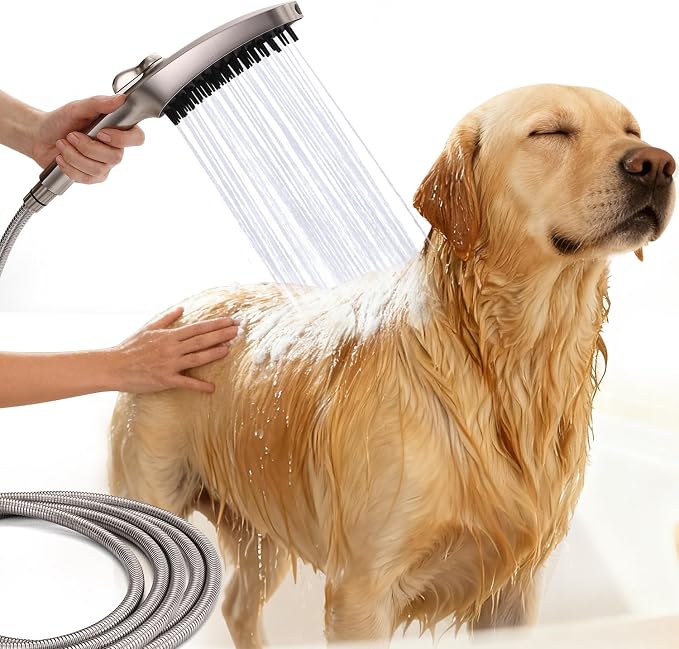 G-Promise 3 Mode Dog Shower Attachment with Pause Mode | High Pressure, Built-In Brush for Wash & Groom, Extra Long Hose, Easy Install, for Indoor & Outdoor Use