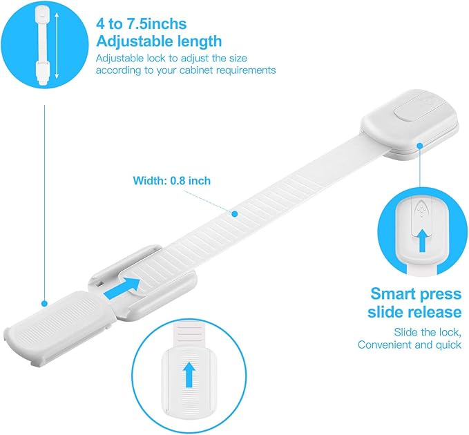 Child Safety Strap Locks for Cabinet, Fridge, Ovens, Toilet, Drawer, Trash can etc with Strong Adhesive Not Easy to Fall Off, Adjustable Length, 2 Packs