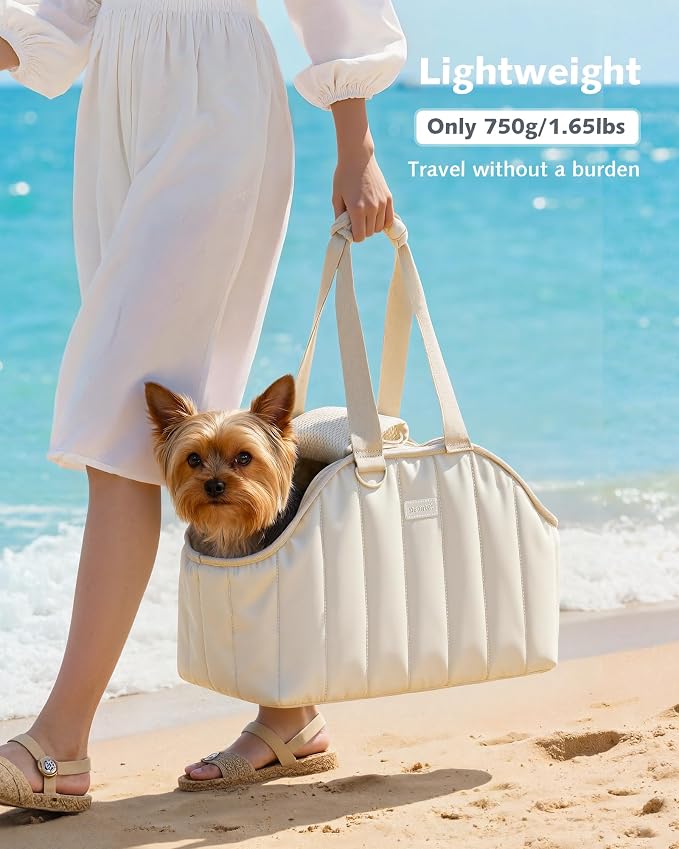 Pecute Dog Purse Carrier, Lightweight Dog Carriers for Small Dogs,Cream | Breathable mesh,Foldable,Paper-textured fabric is water-repellent,Built-in safety rope,Machine washable,Under 6.6lbs