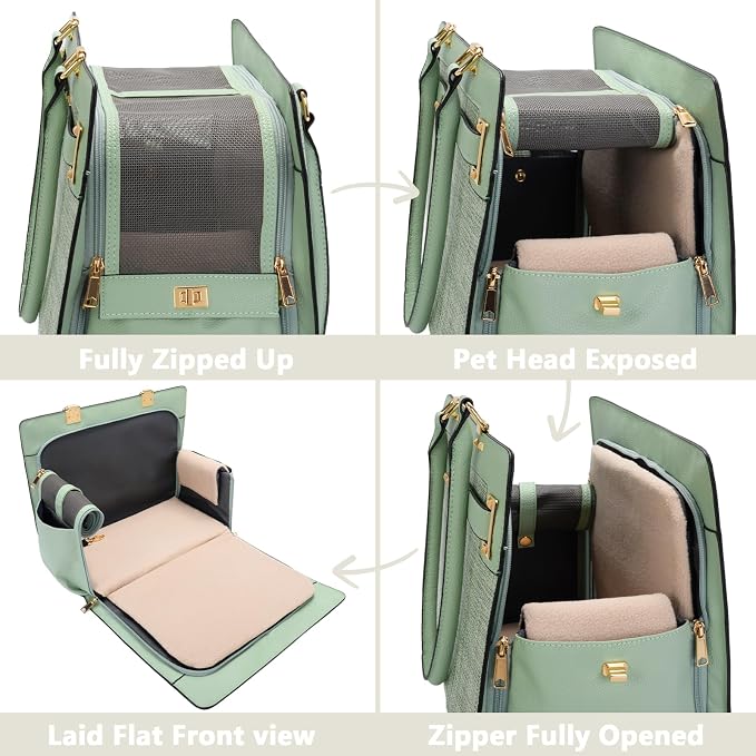2-in-1 Stylish Dog Purse Carrier Soft-Sided Carriers Travel Tote Bag for Small Dogs Cats, Fashion Foldable Pet Bag for Puppies Small Animals with Pockets (Green, 15" L x 7.5" W x 12.2" H)